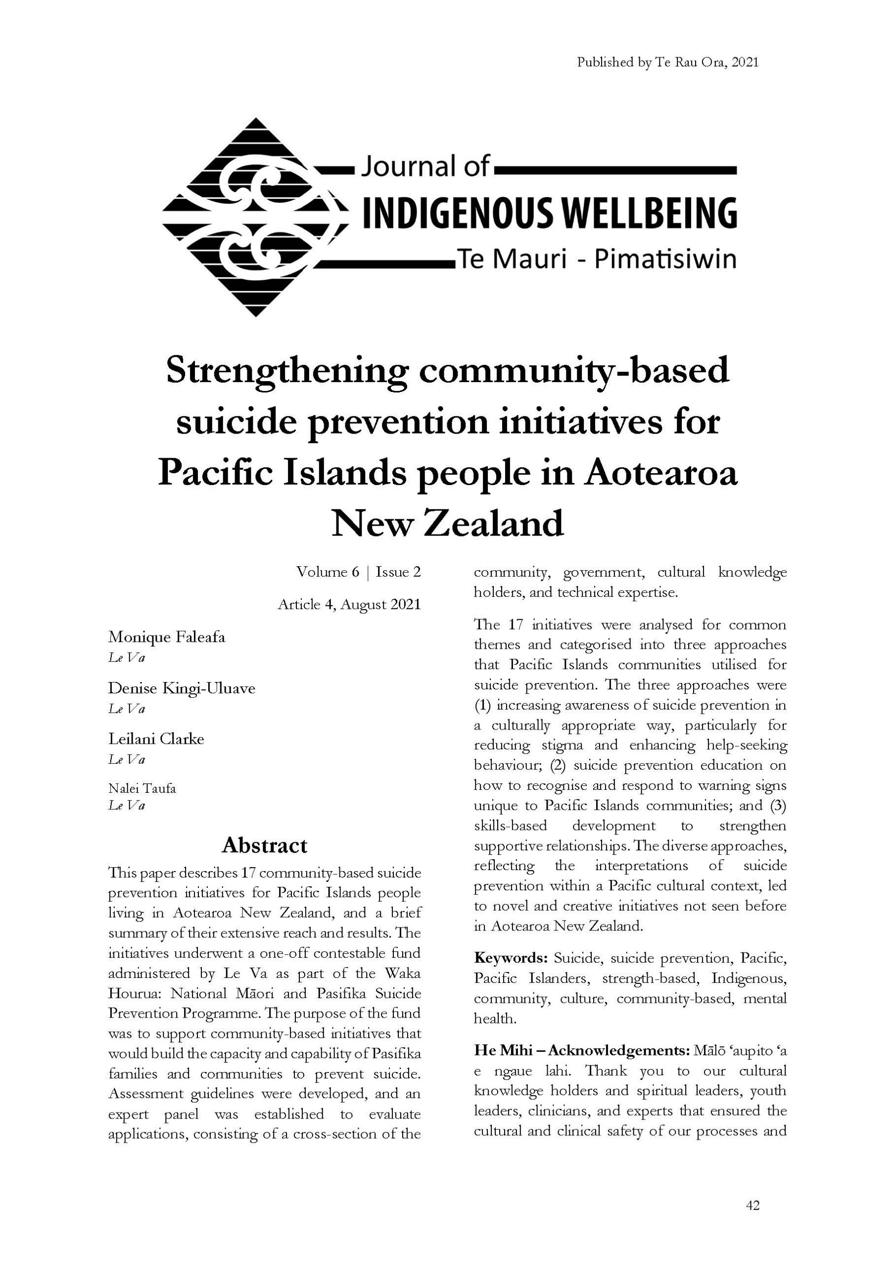 Strengthening community based suicide prevention initiatives for Pacific Islands people in Aotearoa New Zealand cover