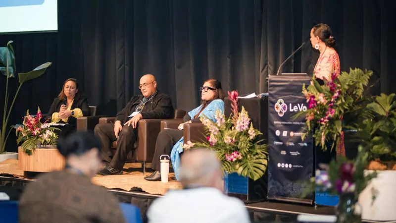 End Game panellists Catherine Poutasi, Manase Lua, Nalei Taufa and MC Felicia Manase on stage at the End Game stream