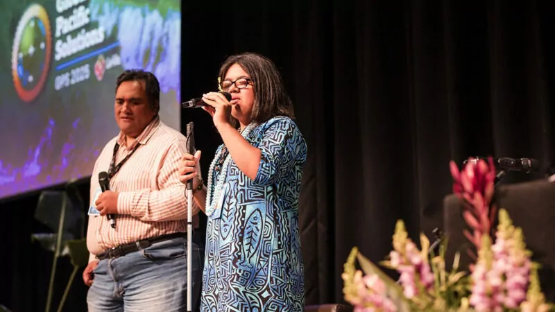 Singers Daniel Te’o and Tara Aumalesulu performing on stage